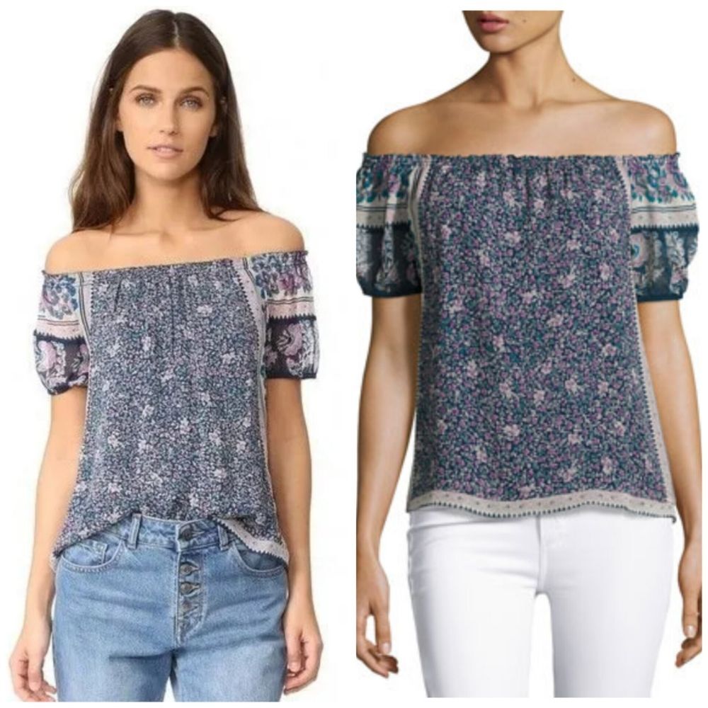Joie Women's S Tinashe Silk Off the Shoulder Floral Top Blouse Navy